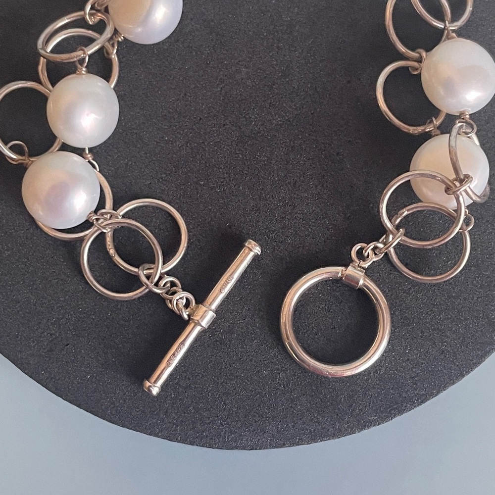 Vintage 925 Sterling Silver Double-Strand Bracelet Freshwater Pearl Toggle Clasp - Picture 3 of 5